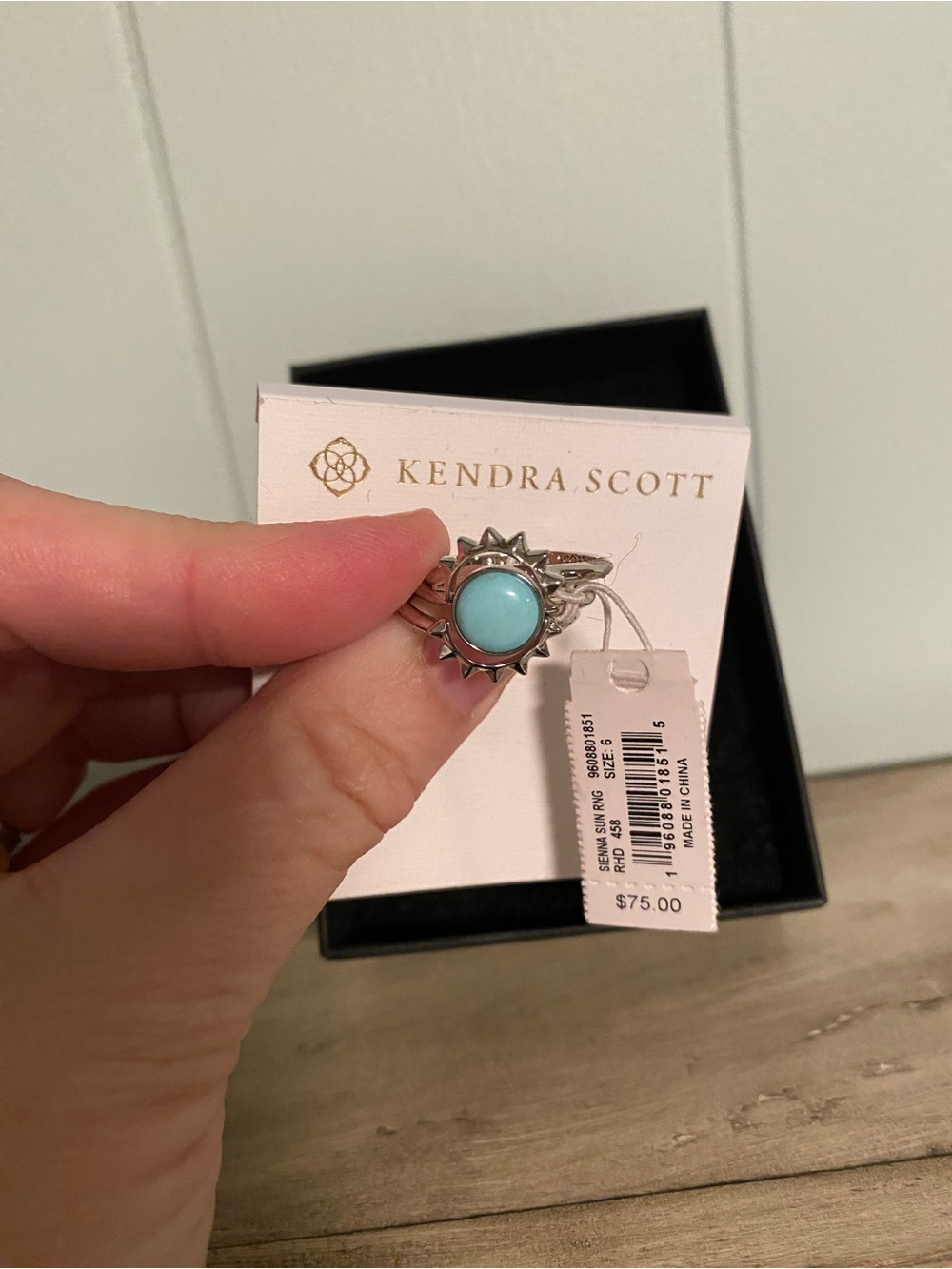 NWT Kendra Scott Silver Sunburst 3 Ring Setwith Turquoise Blue Stone Size 6